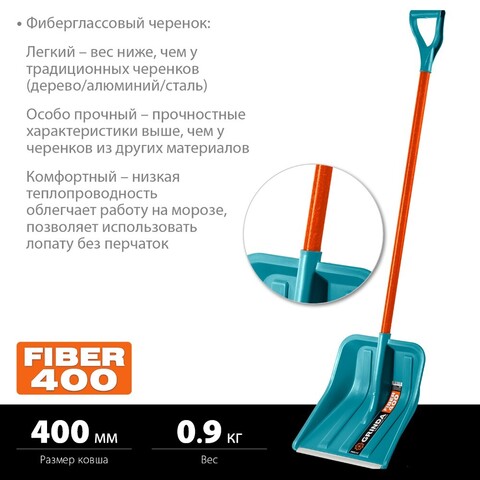 GRINDA FIBER-400 400 мм, пластиковая, с алюминиевой планкой, особопрочный легкий черенок из фибергласса, V-ручка, Снеговая лопата, PROLine (39941)