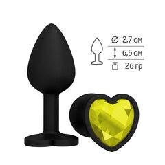 Черная силиконовая пробка с желтым кристаллом-сердцем - 8,5 см. - 