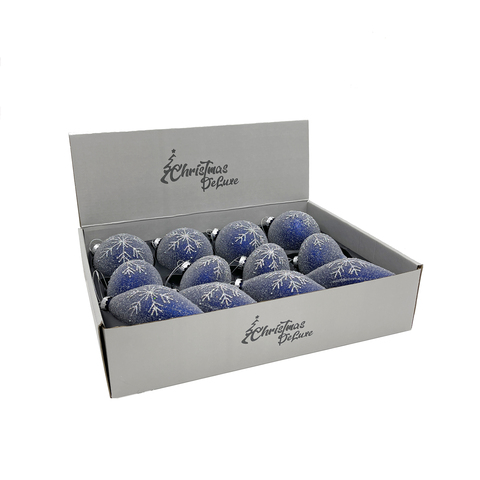 Набор елочных игрушек 8см 12шт ChristmasDeLuxe синий в инее с узором снежинка
