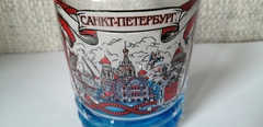 Кружка стекло 300 мл с видами Петербурга, с красным цветом, с цветным дном