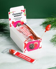 Сосновая шишка на палочке  в Клубничном шоколаде / шоу-бокс / 187 гр / 15 шт / Солнечная Сибирь