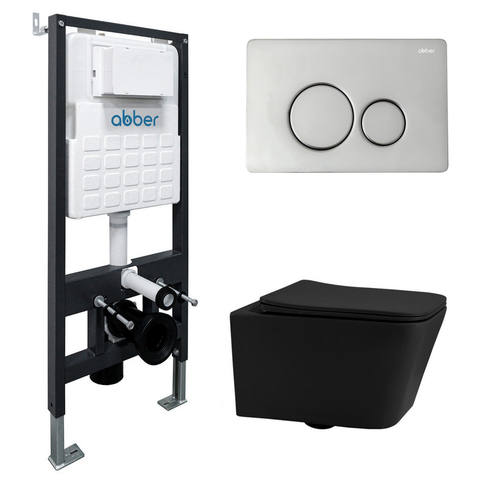 Abber AC1201MB-AC0105-AC0121 Комплект подвесной унитаз Abber Rechteck AC1201MB черный матовый с инсталляцией AC0105 и кнопкой AC0121 хром