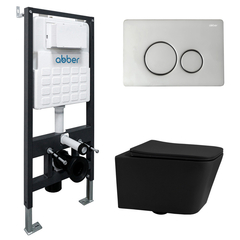 Abber AC1201MB-AC0105-AC0121 Комплект подвесной унитаз Abber Rechteck AC1201MB черный матовый с инсталляцией AC0105 и кнопкой AC0121 хром фото