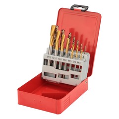 Набор метчиков машинных M3 -M12 HSSE-TiN DIN371/376 (C/2,5P, R15, + сверла) 14пр H-Tools 245053THT