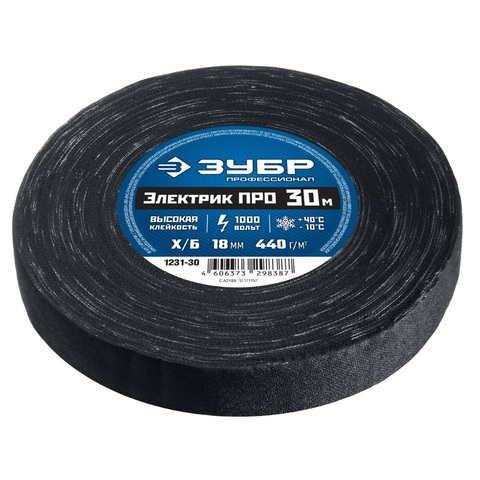 ЗУБР ЭЛЕКТРИК ПРО, 18 мм х 30 м, 1000 В, черная, изолента х/б, Профессионал (1231-30)