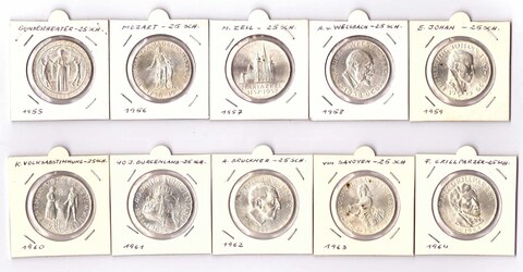 Полный комплект монет 25 шиллингов. Австрия. 1955-1973 гг. Серебро XF-AU, AU.