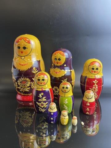 Матрешка полный набор из 10 предметов , с этикеткой, 18 см, дерево, узоры, ручная роспись, лакировка, винтаж, 1989 год