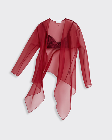 Блуза на пояске из шелковой органзы бордо