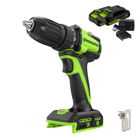 Дрель-шуруповерт Greenworks DD345K2 24V (27/45Нм) аккумуляторная, c АКБ 2×2 А/ч и ЗУ