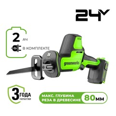 Пила сабельная акк. Greenworks GPT-CRS-25, 24V, б/щет, 0-3000/мин, рез 80 мм дер., LED, 1х2Ач, ЗУ, кор (1200507CUA)