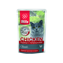 Влажный корм для взрослых кошек курица с потрошками нежные кусочки в соусе Blitz Classic Chicken & Inners in Gravy Adult Cat All Breeds 0,085кг. В комплекте 24шт