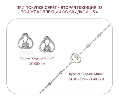 Сет2 Серьги Сердце Мини Родий+Браслет Сердце Мини Родий