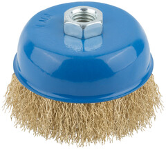 Корщетка (крацовка) 100мм, гайка М14, тип ЧАШКА, стальная латунированная волнистая проволока, MOS, 38943М