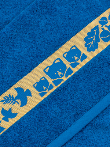 Полотенце махровое с жаккардовым золотистым бордюром «Золотая Дубрава» синего цвета / Распродажа