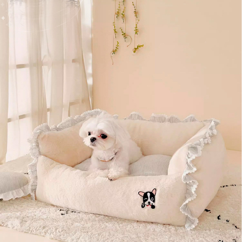 2066 Лежанка прямоугольная, кремовая, оборка в СЕРУЮ полоску PREMIUM *без нашивки собачки! (чехлы съёмные) + овальная подушечка в комплекте