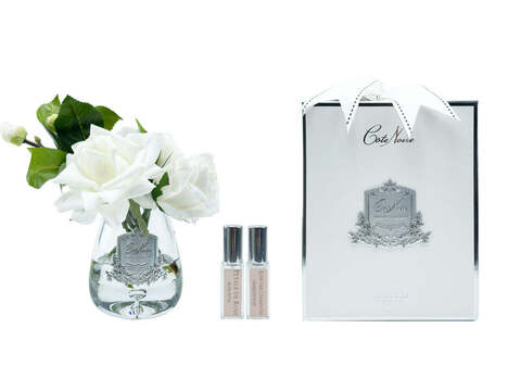 Ароматизированный букет роз и 2 спрея 5мл Cote Noire Tea Rose ivory clear Роза, цвет слоновая кость, прозрачная ваза, 2 спрея 5 мл ВхШхД см