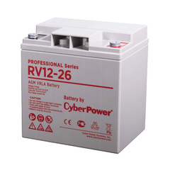 Аккумуляторная батарея CyberPower RV 12-26 / 12 В 26 Ач, напряжение 12В, емкость (разряд   20ч) 30,4Ач, макс. Разрядный ток (5 сек) 600А, макс зарядный ток 9А,   свинцово-кислотная (AGM), клемма М6, ДхШхВ 166х125х175мм., высота с клеммами   175, вес