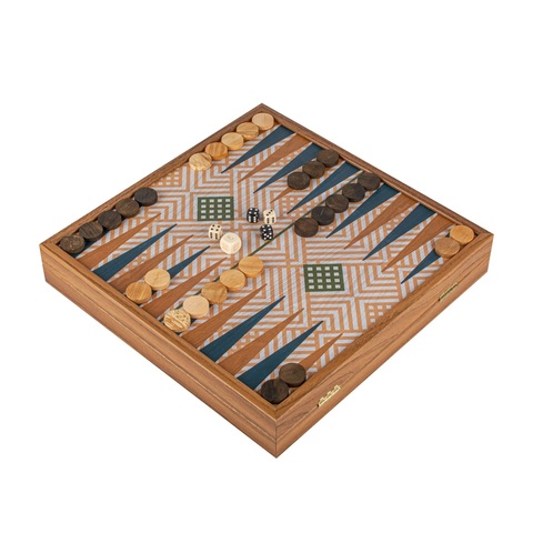 Игровой набор Шахматы/нарды/лудо/змеи Manopoulos зелено-синие в деревянном футляре