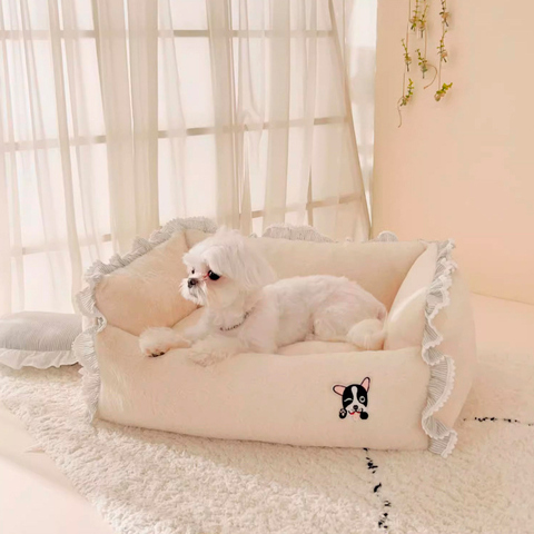 2066 Лежанка прямоугольная, кремовая, оборка в СЕРУЮ полоску PREMIUM *без нашивки собачки! (чехлы съёмные) + овальная подушечка в комплекте