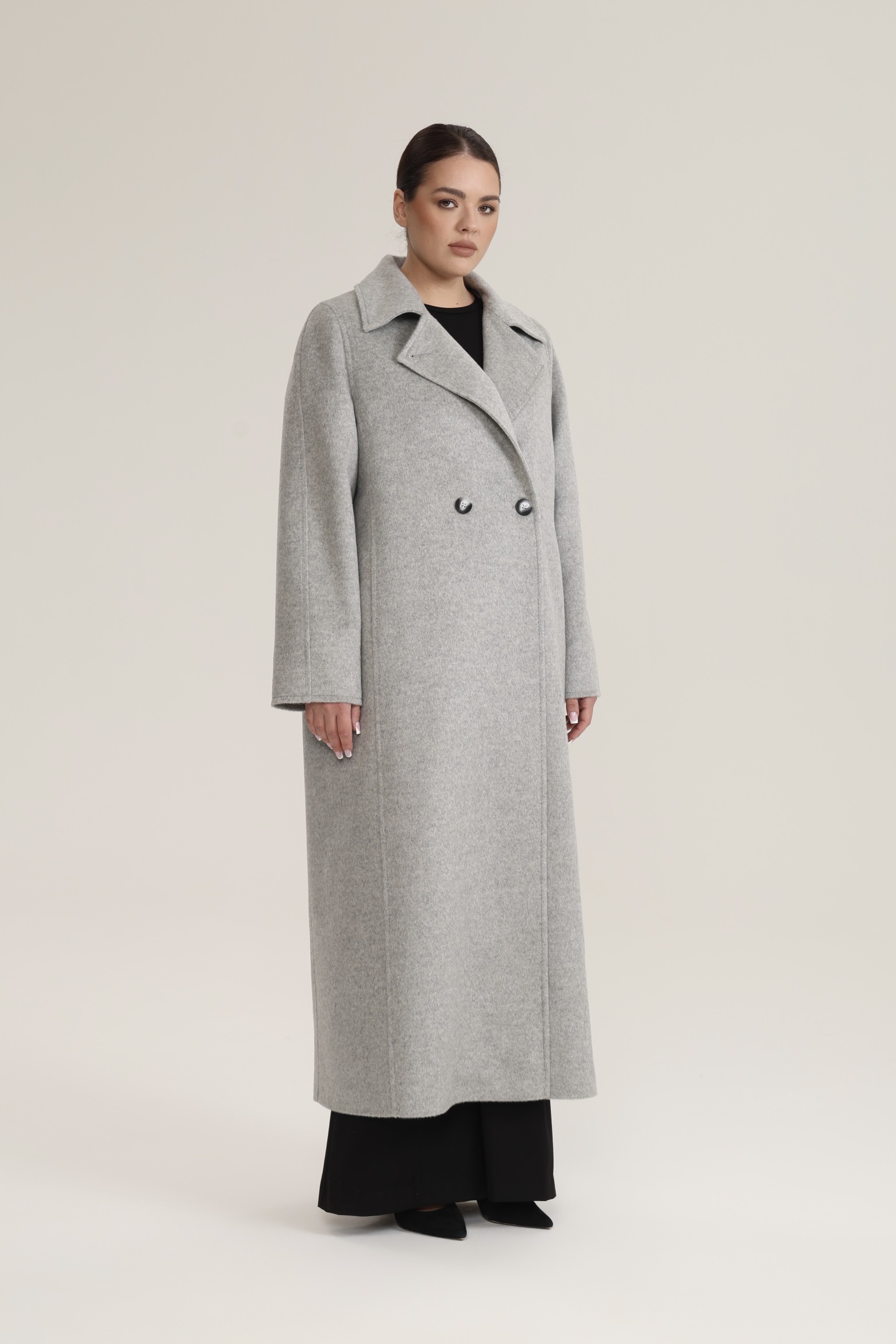 Пальто двубортное с отстрочкой, светло-серый