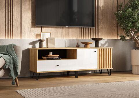 Тумба ТВ Роджинамиф (1500) (Белый глянец, Дуб Крафт)