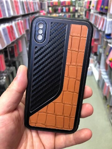 Силиконовый чехол с карбоном и эко-кожей Durable case JB series для iPhone X, Xs (Оранжевый)