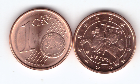 Литва. 2015. 1 евроцент. Из ролла. UNC