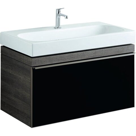 Шкафчик для раковины Geberit Citterio, с одним выдвижным ящиком: B=88.4см, H=55.4см, T=50.4см, черный / глянцевое стекло, темный дуб / меламин, структура дерева