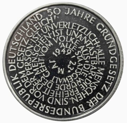 10 марок. 50 лет Конституции ФРГ (J). Серебро. 1999 г. PROOF
