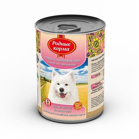 Родные корма консервы для собак птица с потрошками в желе по-московски 410 г