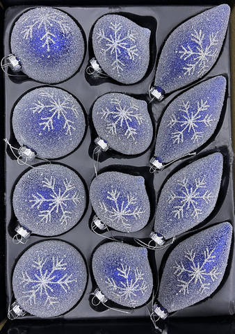 Набор елочных игрушек 8см 12шт ChristmasDeLuxe синий в инее с узором снежинка