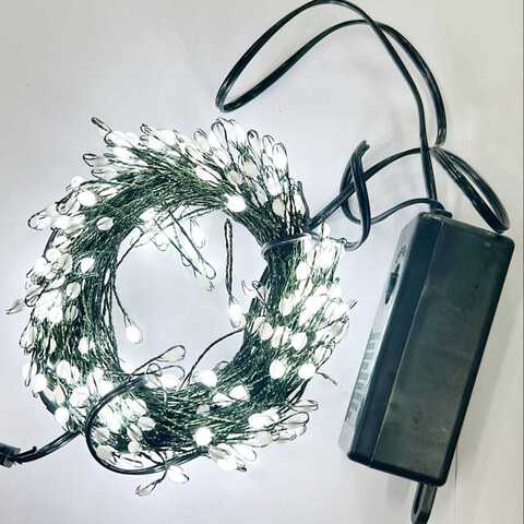 Светодиодная гирлянда, Роса Ежик, 100 Led холодный белый, медный зеленый провод с контроллером, 8 режимов, 10 м (от сети)
