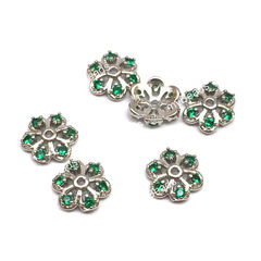 Шапочки с зелеными фианитами 7х1 мм, родий