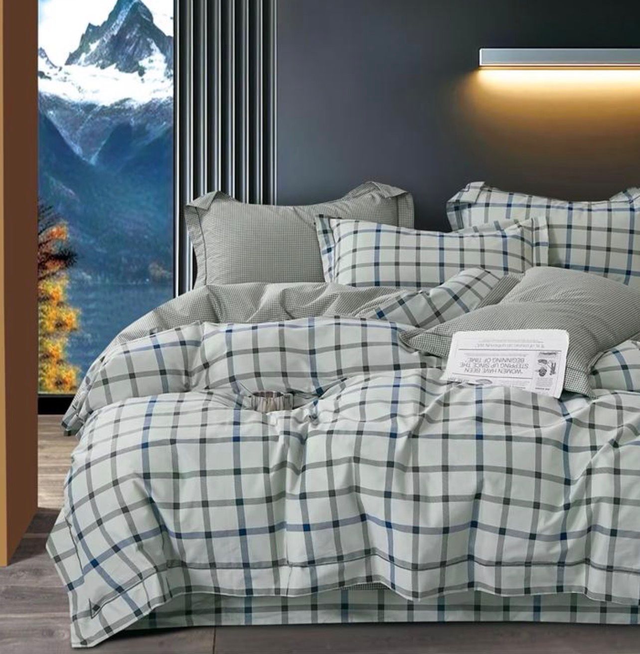 Постельное белье JK Двуспалка ЕВРО Сатин Зеленый клетка