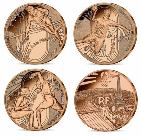 1/4 евро олимпиада в Париже набор из 3 монет Фехтование Гандбол прыжки с шестом 2024 г