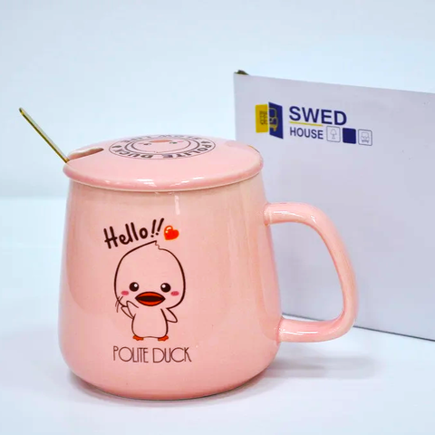 Керамическая кружка с крышкой и ложкой, 9,8*8 см, розовый/желтый, 410 мл