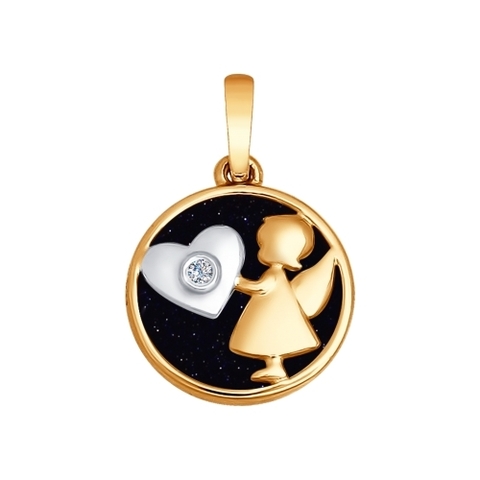 1030537 - Подвеска-медальон «Ангел» из золота с синим авантюрином и бриллиантом