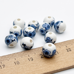 Бусины Шар с цветами, керамика, цвет темно-синий, размер около 10 мм, цена за 1 шт