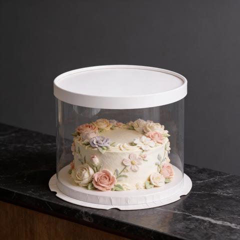 Прозрачная коробка для торта с пьедесталом (аквариум) 22*16 см, круглая, белая
