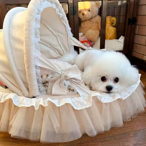 2026 Люлька светло бежевая, меховая с фатиновой рюшей, горчичные цветы PREMIUM (чехлы съёмные)