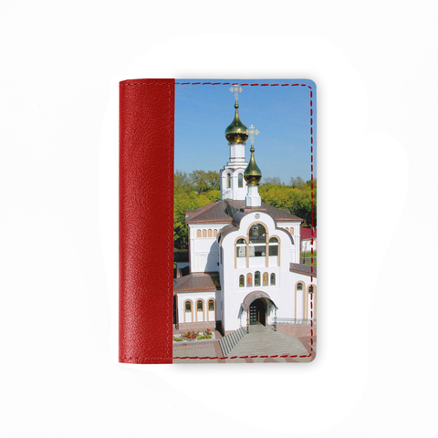 Обложка на паспорт комбинированная "Церковь в Биробиджане", красная