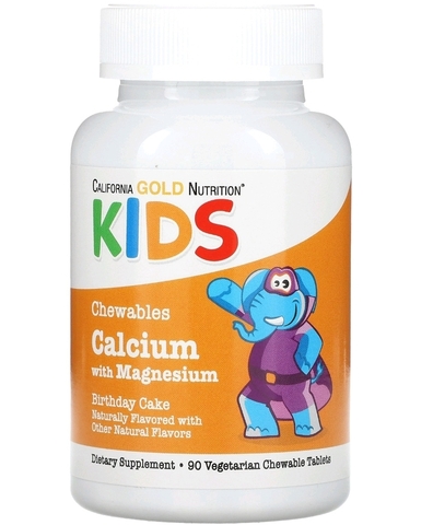California gold nutrition, Жевательные таблетки с кальцием и магнием для детей, со вкусом праздничного торта, 90 вегетарианских таблеток