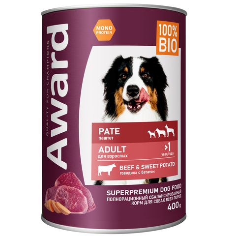 AWARD консервы для взрослых собак паштет из говядины с бататом 400г