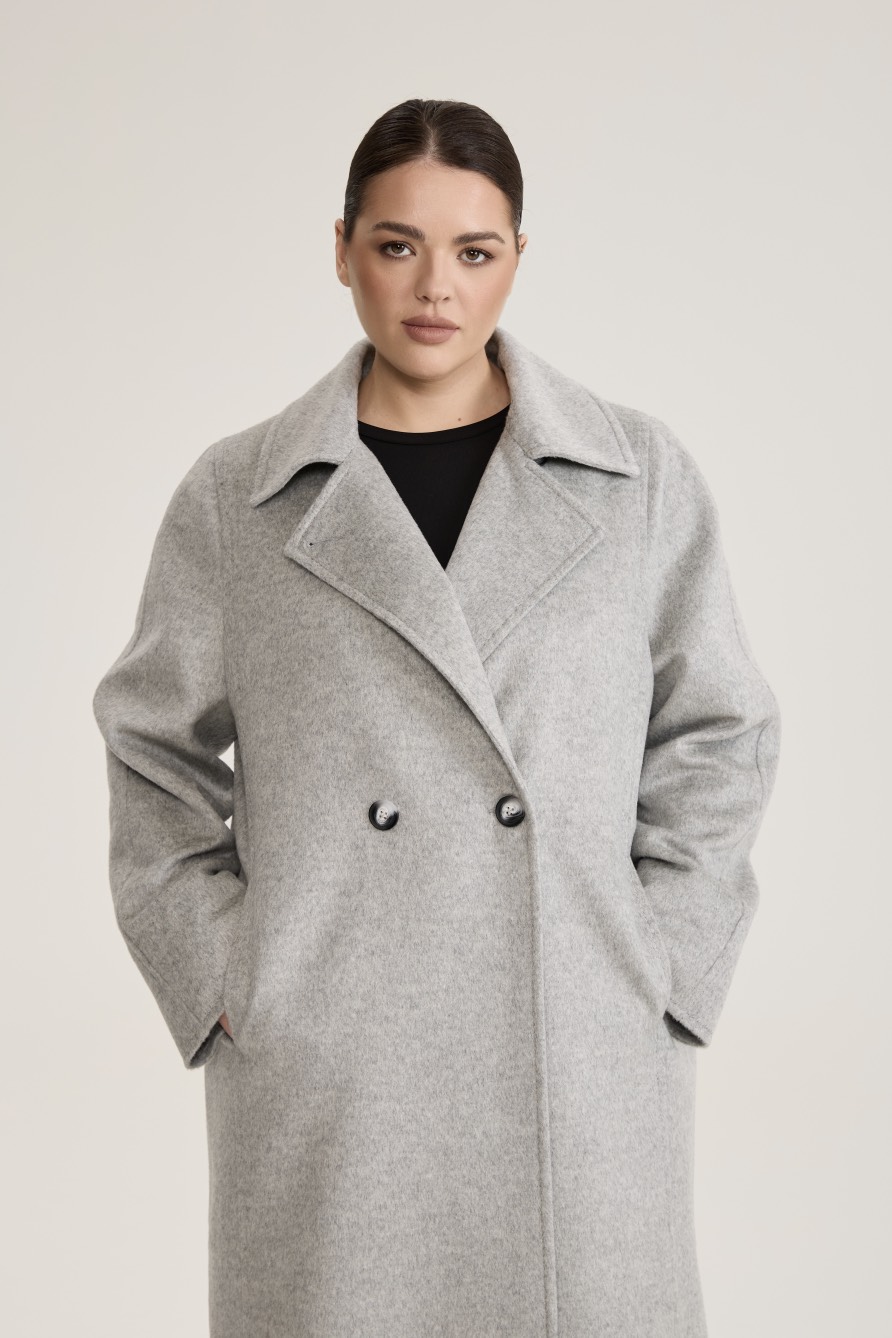Пальто двубортное с отстрочкой, светло-серый