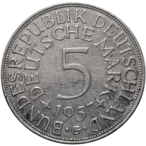 5 марок. Германия. (G). Серебро. 1957 год. VF