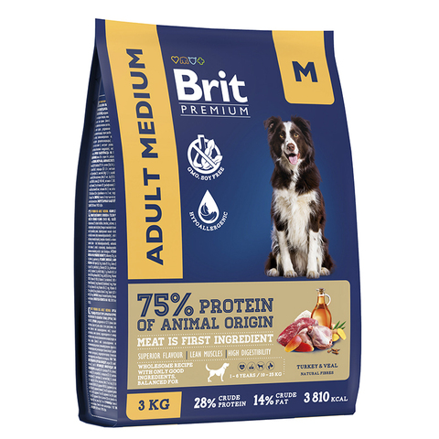 Сухой корм Brit Premium Dog Adult Medium с индейкой и телятиной, для взр. собак сред. пород, 3 кг.