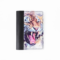 Обложка на паспорт комбинированная "Оскал рыжего тигра", черная белая вставка