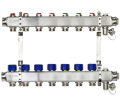 Коллектор распределительный Ридан SSM-7R set с кронштейнами, ручным воздухоотводчиком, сливным краном и торцевой заглушкой, 7 выходами