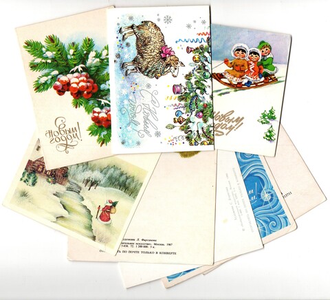 Подборка двойных небольших поздравительных Новогодних открыток — 8 штук— разные художники —чистые, без повторов, времен СССР