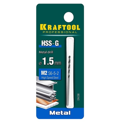 KRAFTOOL HSS-G 1.5 х43мм, Сверло по металлу HSS-G, сталь М2(S6-5-2)